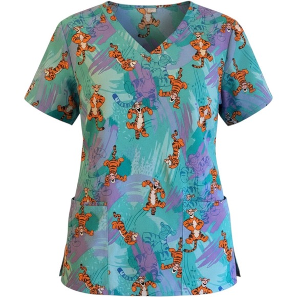 Disney Tops - Disney Tigger Scrub Top Womens Nurse Large V-Neck Teal Purple Winnie the Pooh